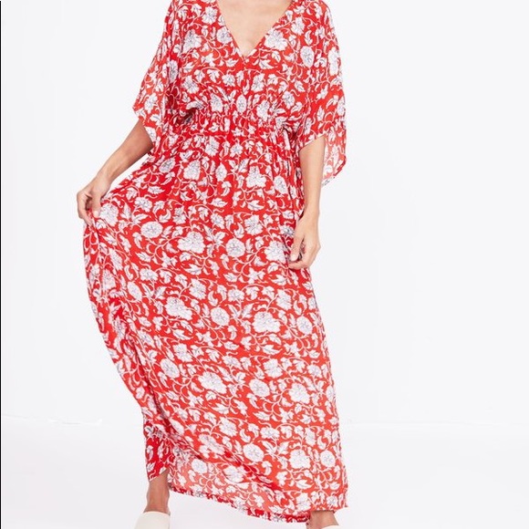 ANTHROPOLIGIE MARIE CINCHED KAFTAN | RED FLORAL PRINT M/L - Picture 3 of 6